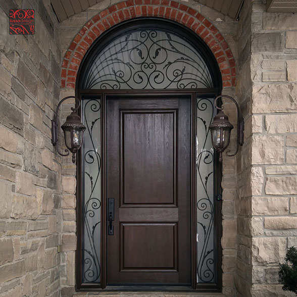 Tall fiberglass door with custom metal design