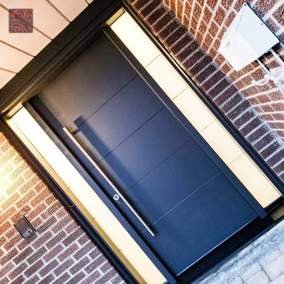 Modern fiberglass door with custom panel and pullbar