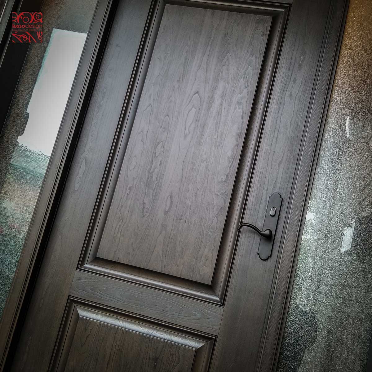 Cherry wood grain two panel fiberglass door with sidelites
