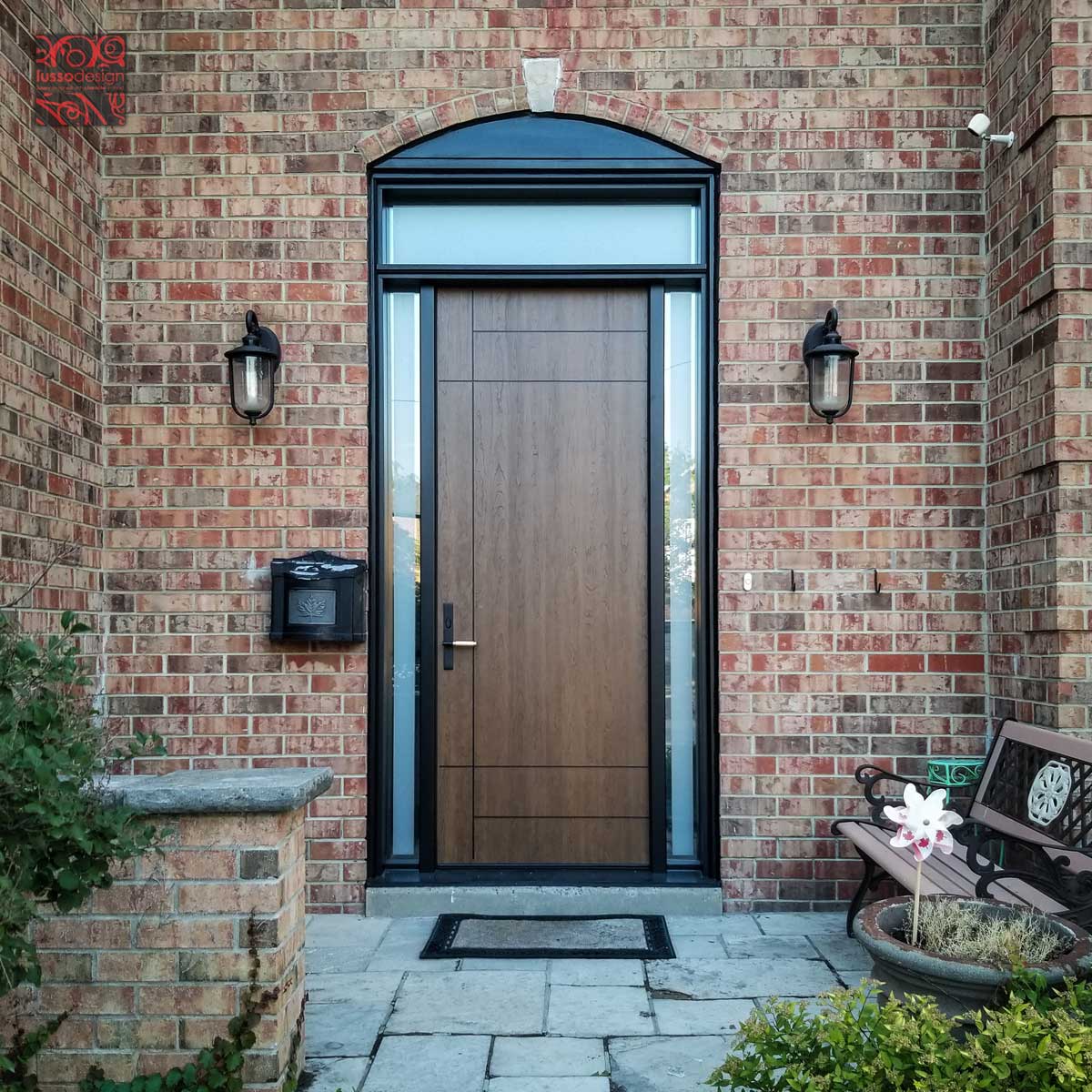 Custom 8ft fiberglass door with clearglass transom and sidelites